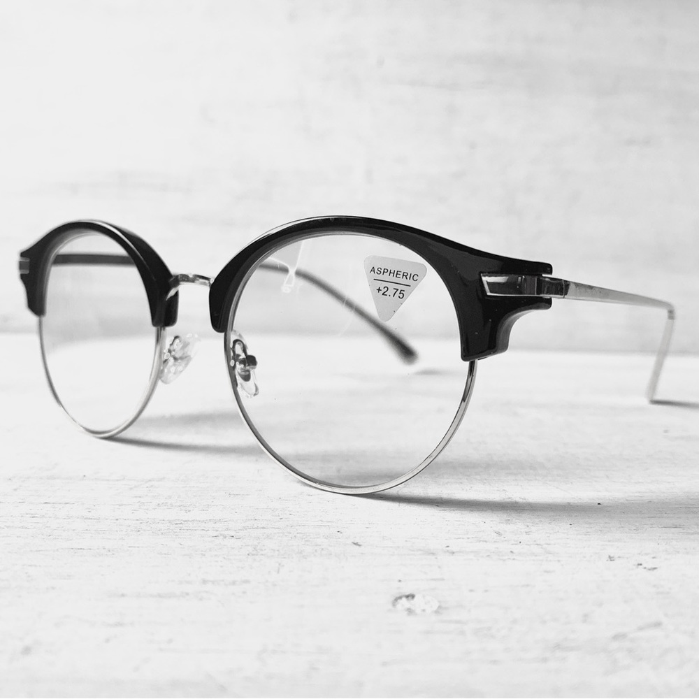 Gigantic +3.00 Wide Fit Reading glasses Round Browline Metal Black Silver